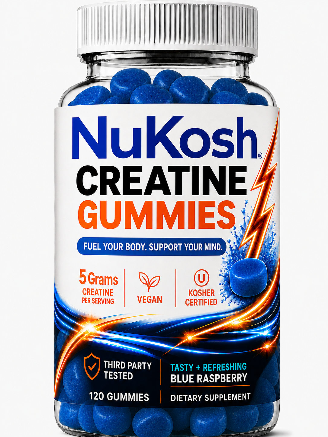 NuKosh Kosher Creatine Monohydrate Gummies — 5g Per Serving, Blue Raspberry Flavor