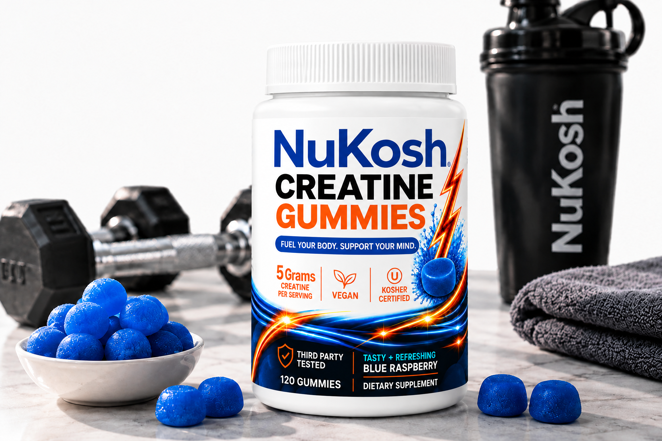 NuKosh Creatine Gummies with dumbbells and shaker — Kosher creatine supplement