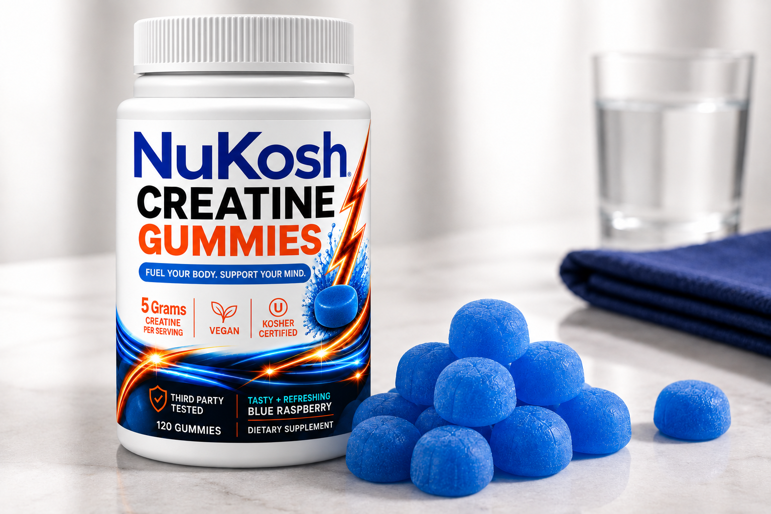 NuKosh Creatine Gummies bottle with blue raspberry gummies