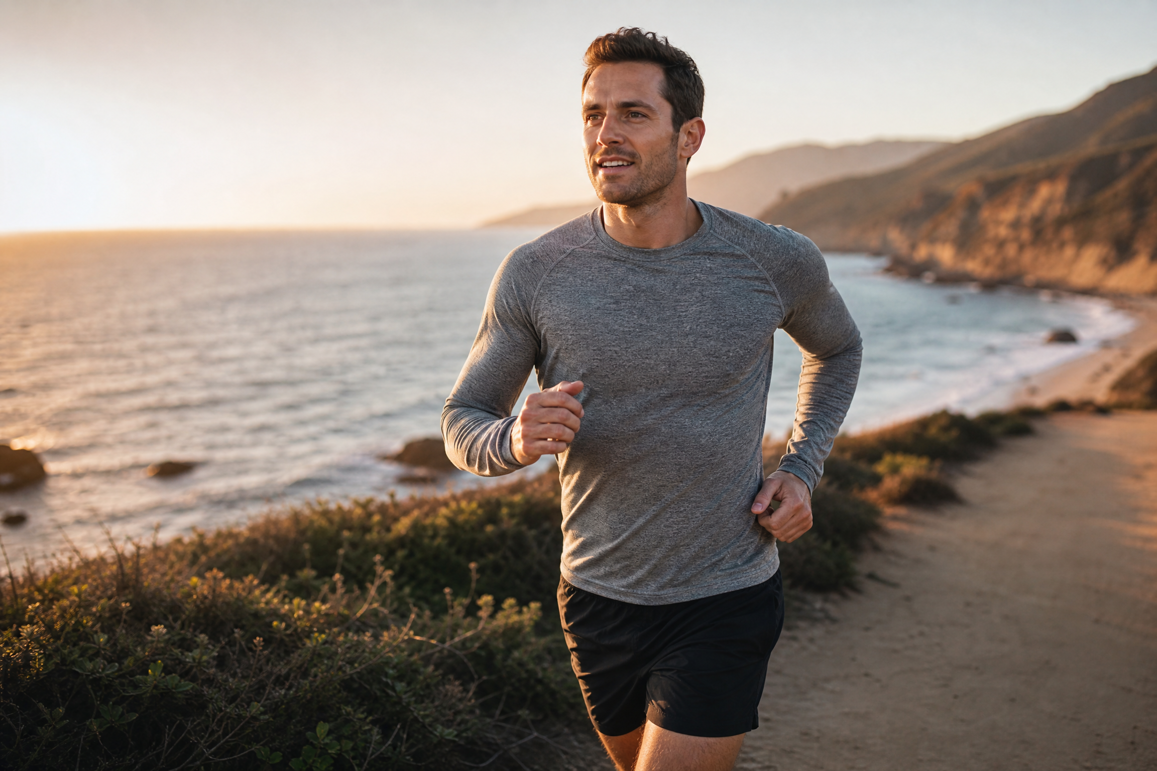 Active man running on coastal path